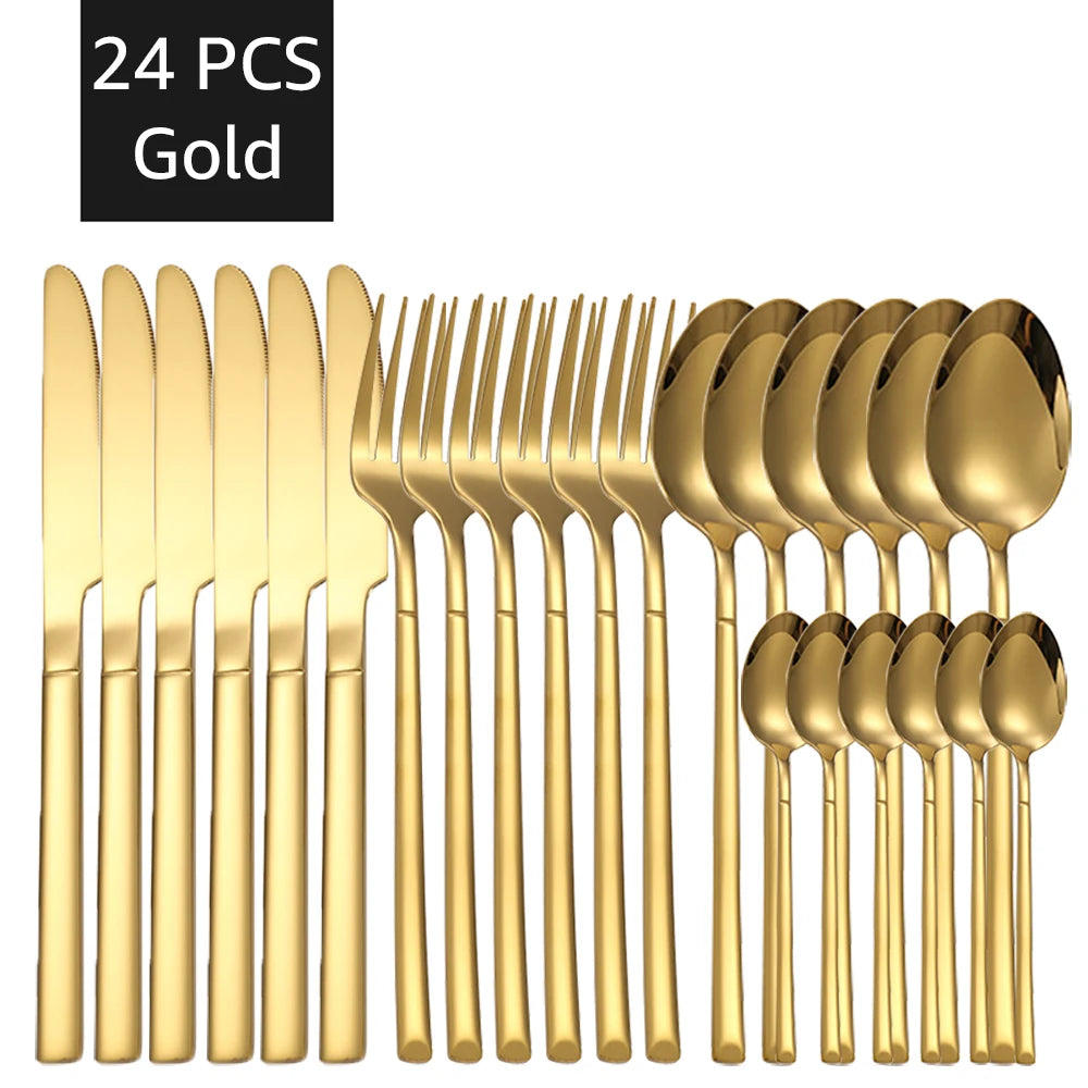 6/24/30PCS Gold Tableware Sets Stainless Steel Cutlery Knife Tea Fork Coffee Spoon Flatware Dishwasher Safe