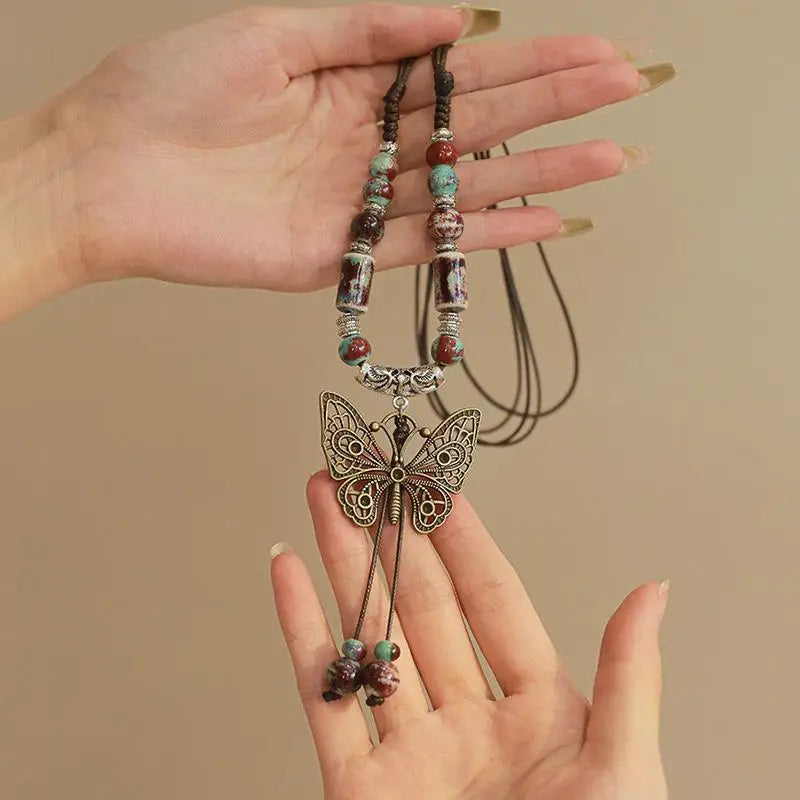 Vintage Handmade Butterfly Ceramic Necklace For Women Ethnic China-Chic Ancient Style Collar Chain Necklace Vacation Accessories