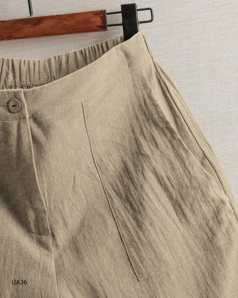 2026 summer new cotton and linen five-piece pants women's high-waisted elastic waist button shorts loose casual shorts