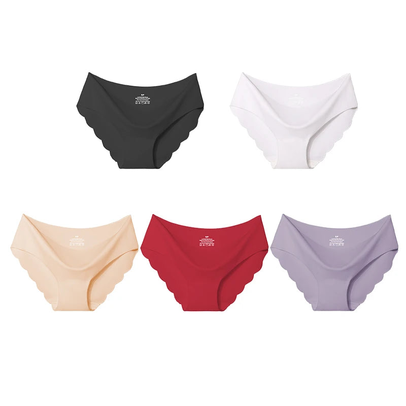 5PCS Women's Summer Ultra-Thin Ice Silk Underwear Seamless Comfort Large Size Briefs Solid Color Wave Underpants Female Lingere