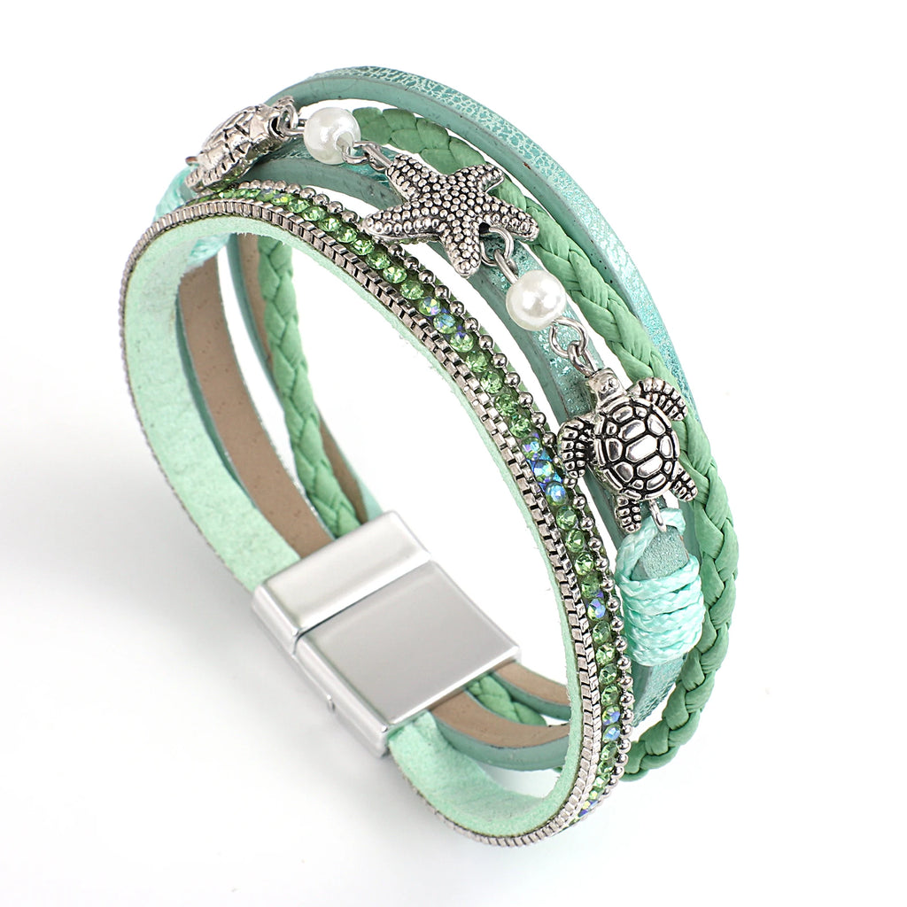 Amorcome Boho Metal Seashell Starfish Beads Charm Shiny Rhinesotne Leather Wrap Bracelets Vintage Summer Beach Femme Jewelry