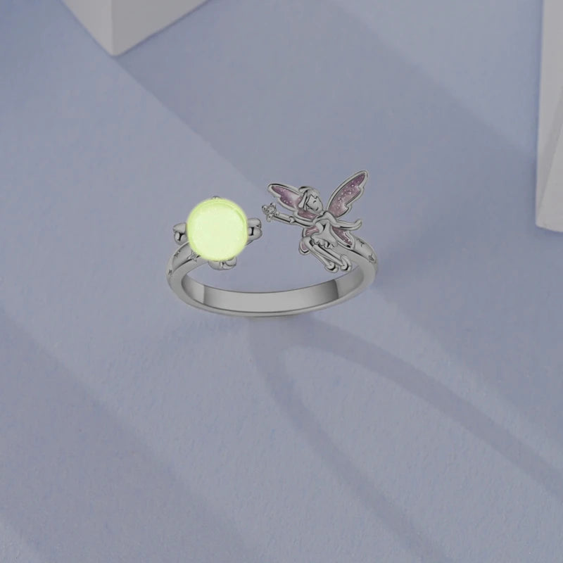 Original 925 Sterling Silver Luminous Firefly Elf Open Rings for Women Girls Jewelry Birthday Anniversary Gifts
