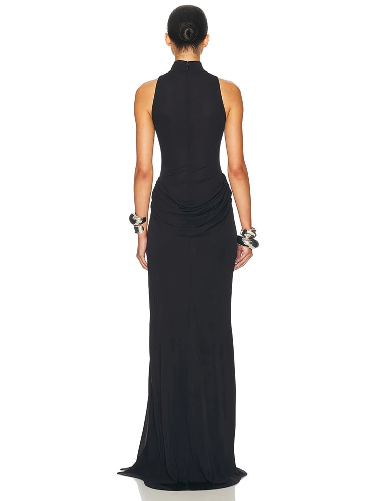 Blifanbo Turtleneck Off-shoulder Sleeveless Thigh Split High Waist Pleated Maxi Dress For Women Elegant Fashion Club Party Dress 5