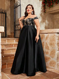 Mgiacy oversized women's one-shoulder embroidered sequin patchwork satin dress for formal evening event