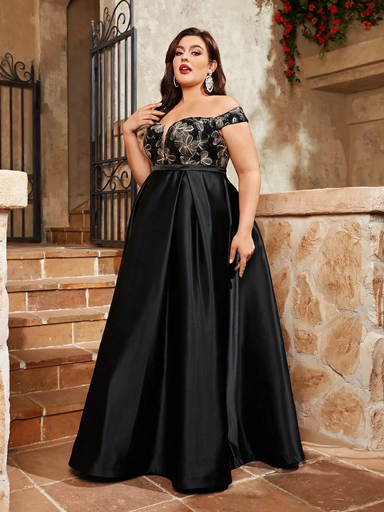 Mgiacy oversized women's one-shoulder embroidered sequin patchwork satin dress for formal evening event