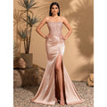 Satin pleated floor-length sequined patchwork strapless dress with back ties