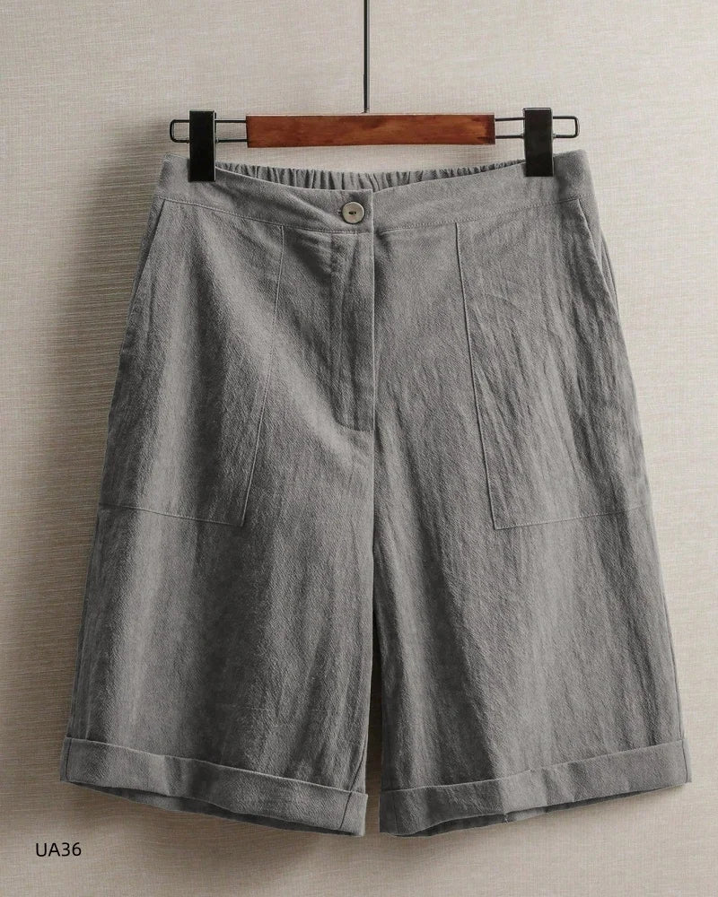 2026 summer new cotton and linen five-piece pants women's high-waisted elastic waist button shorts loose casual shorts