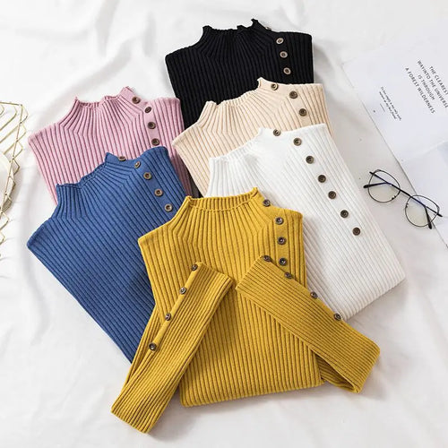 2026 Autumn Knitted Turtleneck Sweaters Women Solid Knitted Female Cotton Soft Elastic Color Slim Pullovers Button Full Sleeve