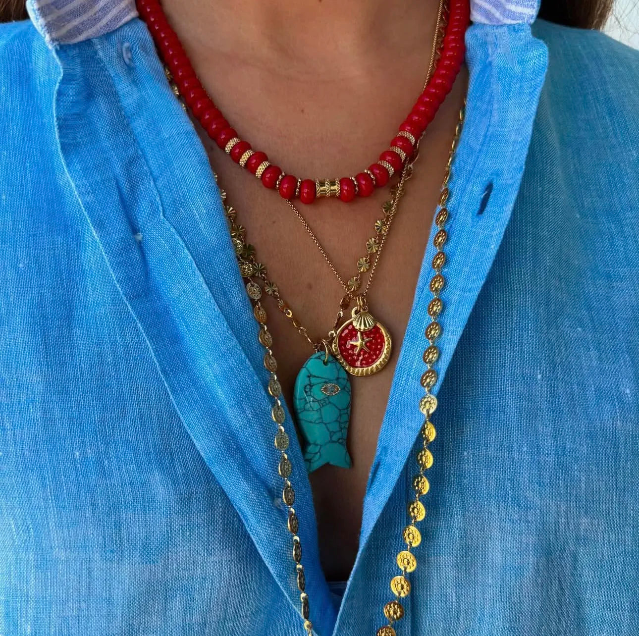2026 eye-catching spring summer fashion accessory jewelry Bohemian style colored bead necklace with natural stone fish pendant