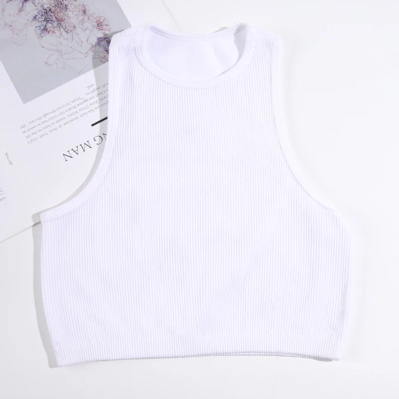 CHRLEISURE Sport Bra Women Rib-Knit Yoga Vest Round Neck Athletic Crop Top Seamless Elastic  Push Up Underwear without Pad