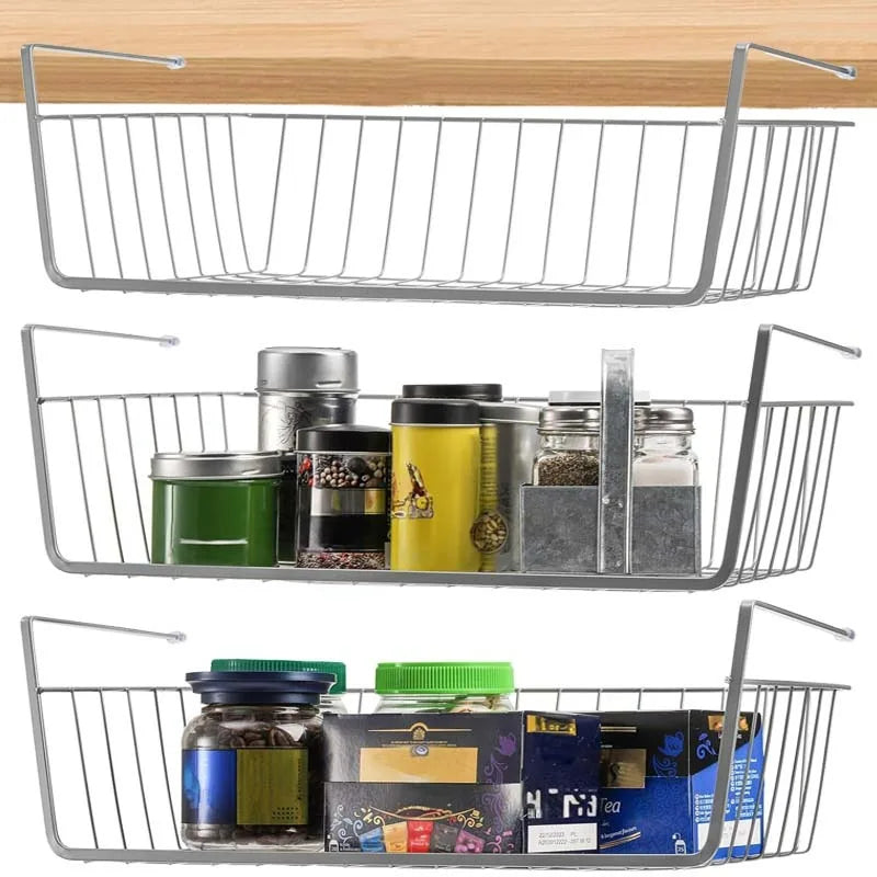 Under Shelf Storage Basket Home Multifunctional Iron Closet Desk Hanging Mesh Basket Kitchen Bathroom Save Space Storage Rack