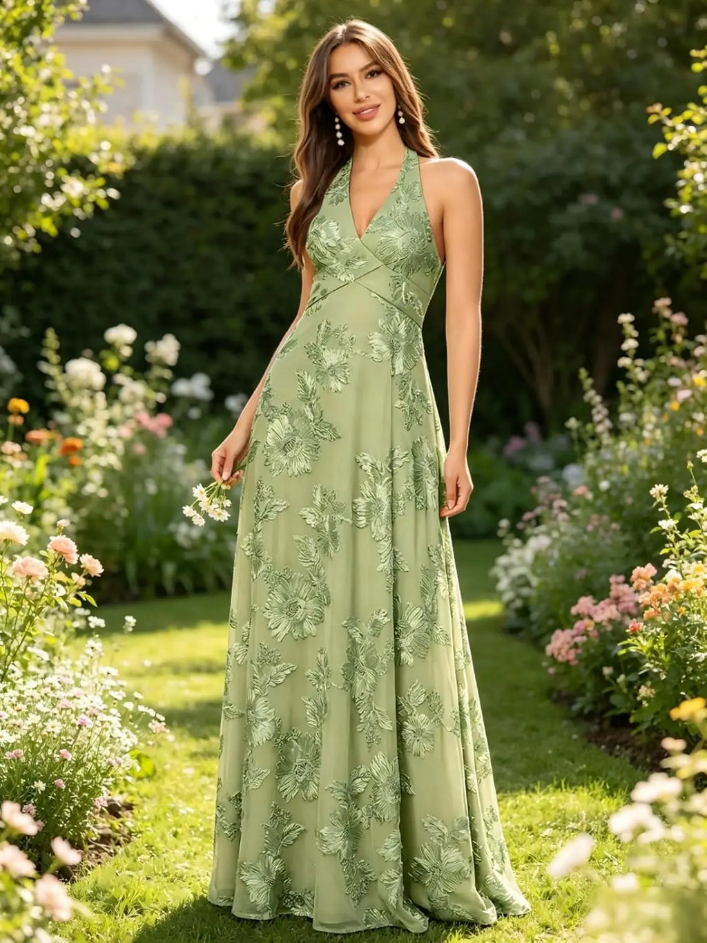 Halter V Neck Floral Lace Appliques Maxi Formal Dresses A Line Long Evening Gowns for Women Beach Wedding Guest Prom Party