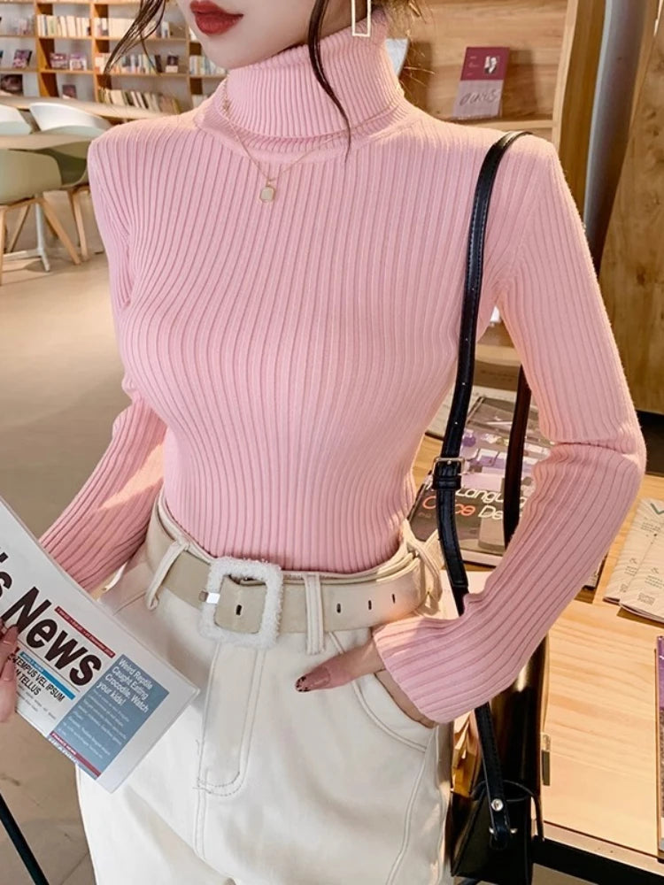 2026 Casual Slim Knitted Pullover Autumn Winter Thick Turtleneck Sweater Base Sweater Korean Style Simple Base Layer Warm Tops