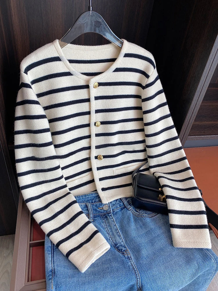AOSSVIAO New 2026 Women Spring Autumn Sweaters O-neck Stripe Knitted Cardigan Fashion Long Sleeve Casual Short Tops Korean Style