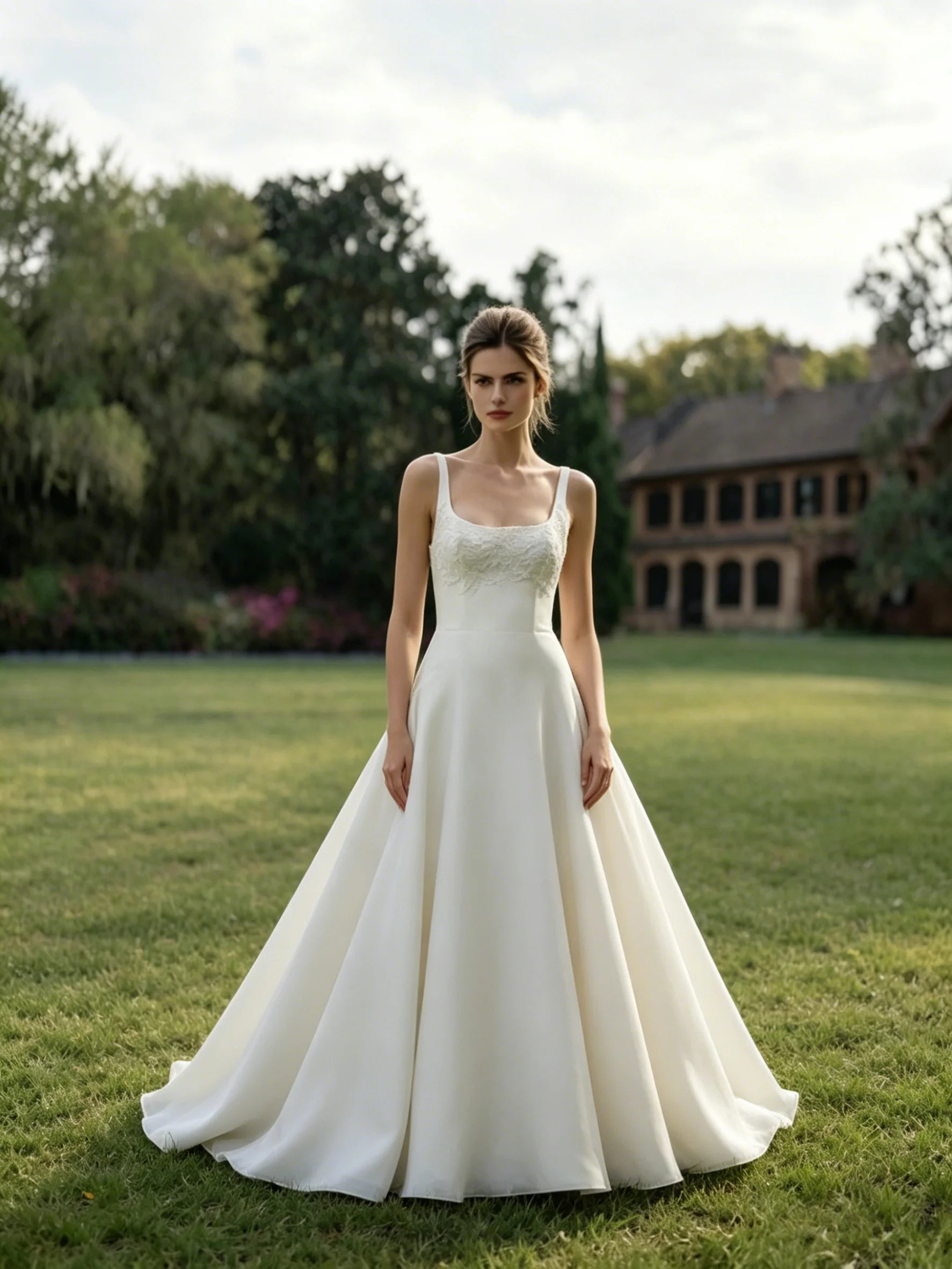 Women Satin A Line Wedding Gowns Sleeveless Square Neck Handmade Lace Applique Wedding Dresses with Sweep Train for Wedding