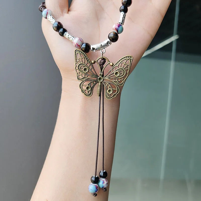 Vintage Handmade Butterfly Ceramic Necklace For Women Ethnic China-Chic Ancient Style Collar Chain Necklace Vacation Accessories