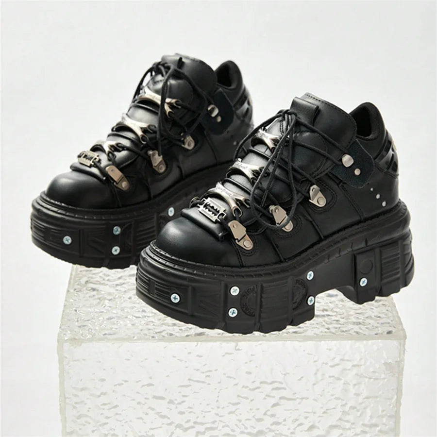 Punk Style Women Black Shoes Rock Metal Decor Lace-up Heel Height Platform Shoes Gothic Man Sneakers Women Ankle Boots 2025 New