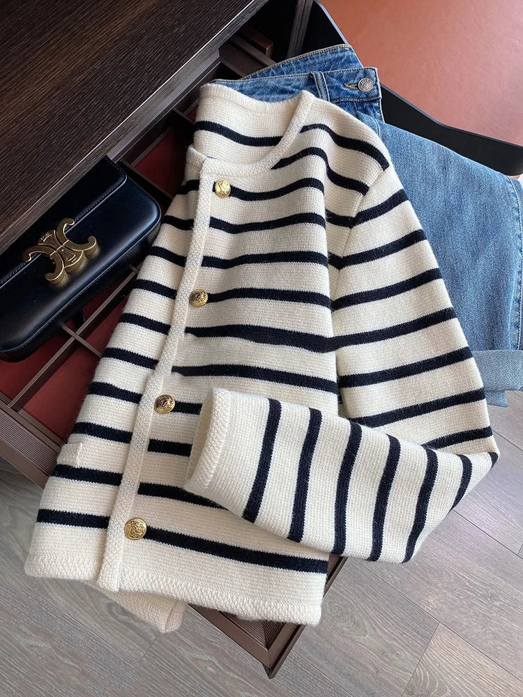AOSSVIAO New 2026 Women Spring Autumn Sweaters O-neck Stripe Knitted Cardigan Fashion Long Sleeve Casual Short Tops Korean Style