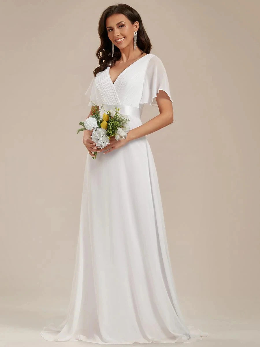 Women Simple Evening Dress Tulle Ruffles Short Sleeve V-Neck Backless Empire Sashes Prom Dress A-Line Maxi Wedding Bridal Gowns