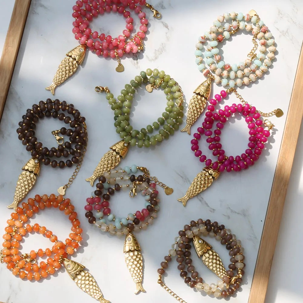 2026 Bohemian Style Spring/Summer Colorful Natural Stone Necklace with Stainless Steel Fish Pendant, Multiple Colors Available