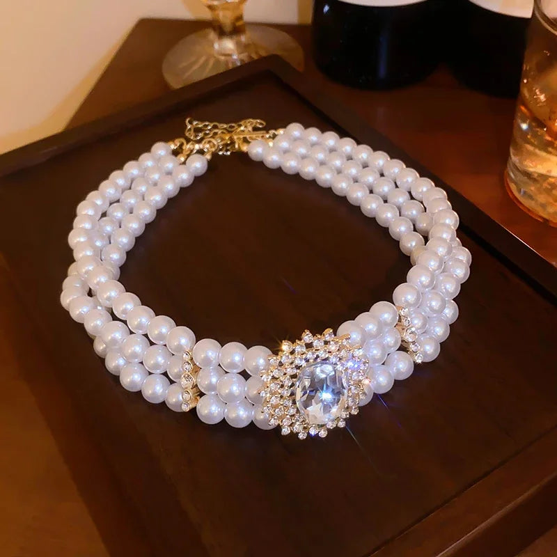 Crystal Rhinestone Oval Multi Layered Beaded Pearl Chokers Necklaces for Women Charms Temperament Elegant Necklace Noble Jewelry