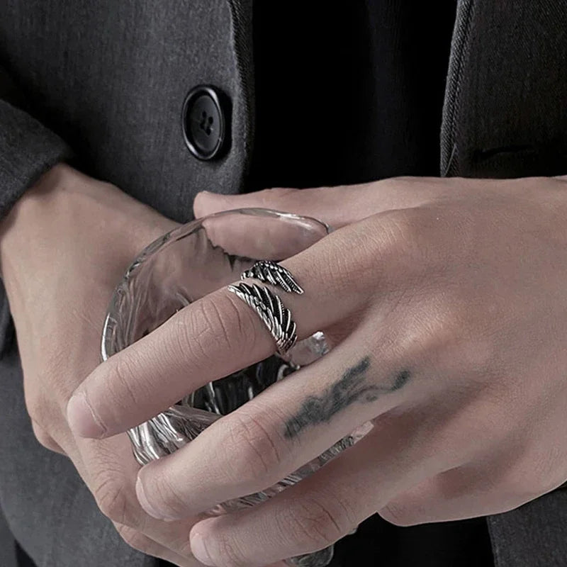 Angel Demon Wings Creative Ring Sterling Retro Adjustable for Men Women Silver-colored jewelry suitable for daily wear