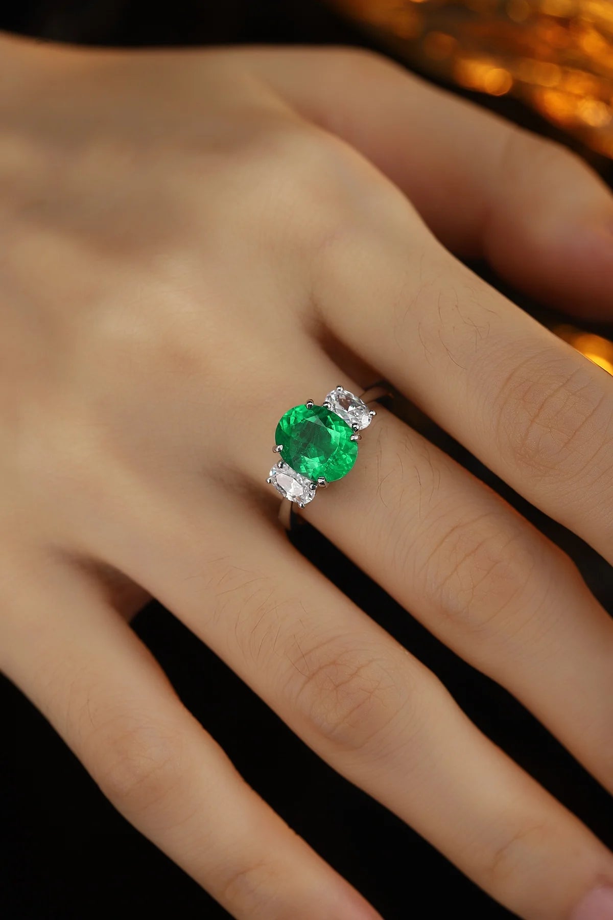 Vintage 3 Stone Ring Lab Grown Emerald Engagement Ring Rhodium Plated 925 Silver for Women Gift Party Wedding Personalized Rings