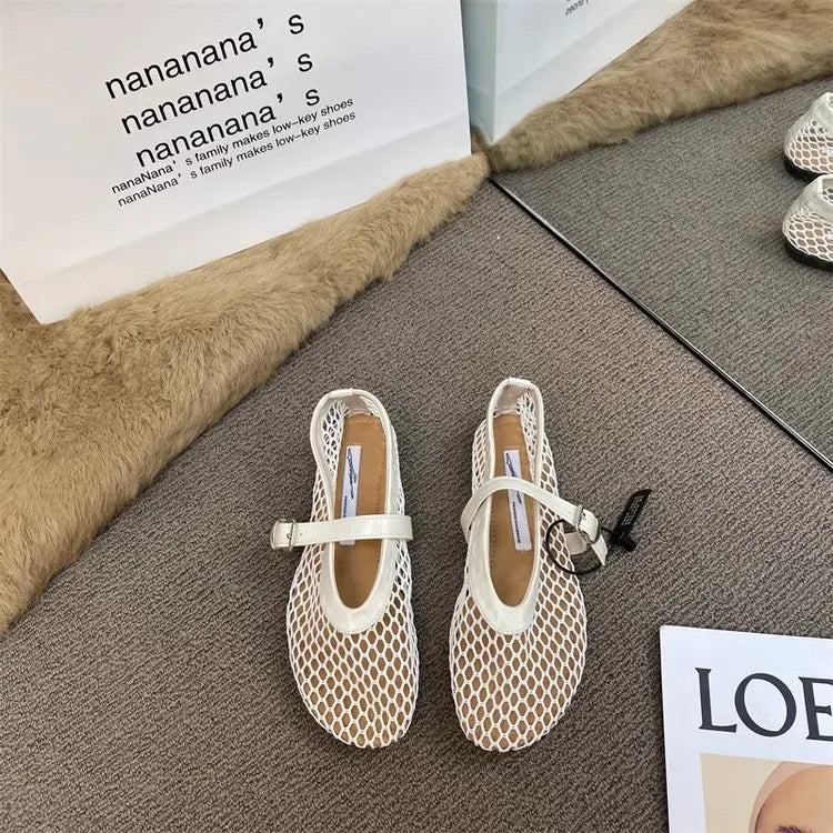 2025 New Hollow Mesh Women's Flat Ballet Shoes - Casual Fashion Versatile Breathable Fishnet Sandals