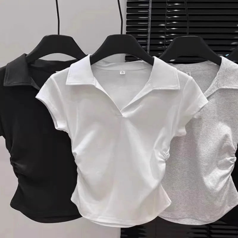 Cotton Summer Sexy Women's T Shirt Skinny Slim Basic Solid Crop Top Short Sleeve Polo TShirtCasual Top Tee for Women