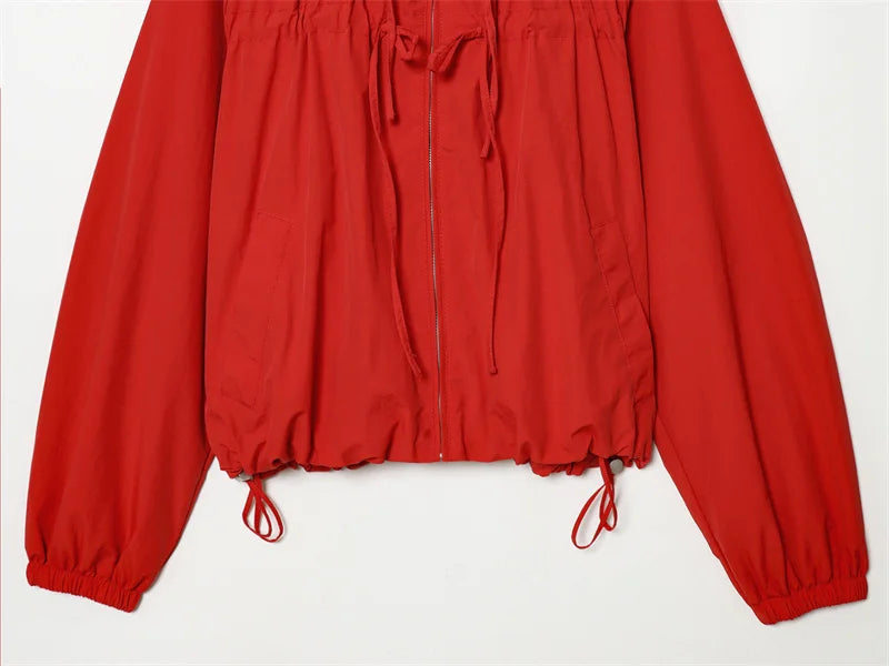 Women's Jacket 2026 Spring New Red Long-Sleeve Drawstring Decorative Festive Hoodie Zipper Cardigan Casual Fashion Versatile