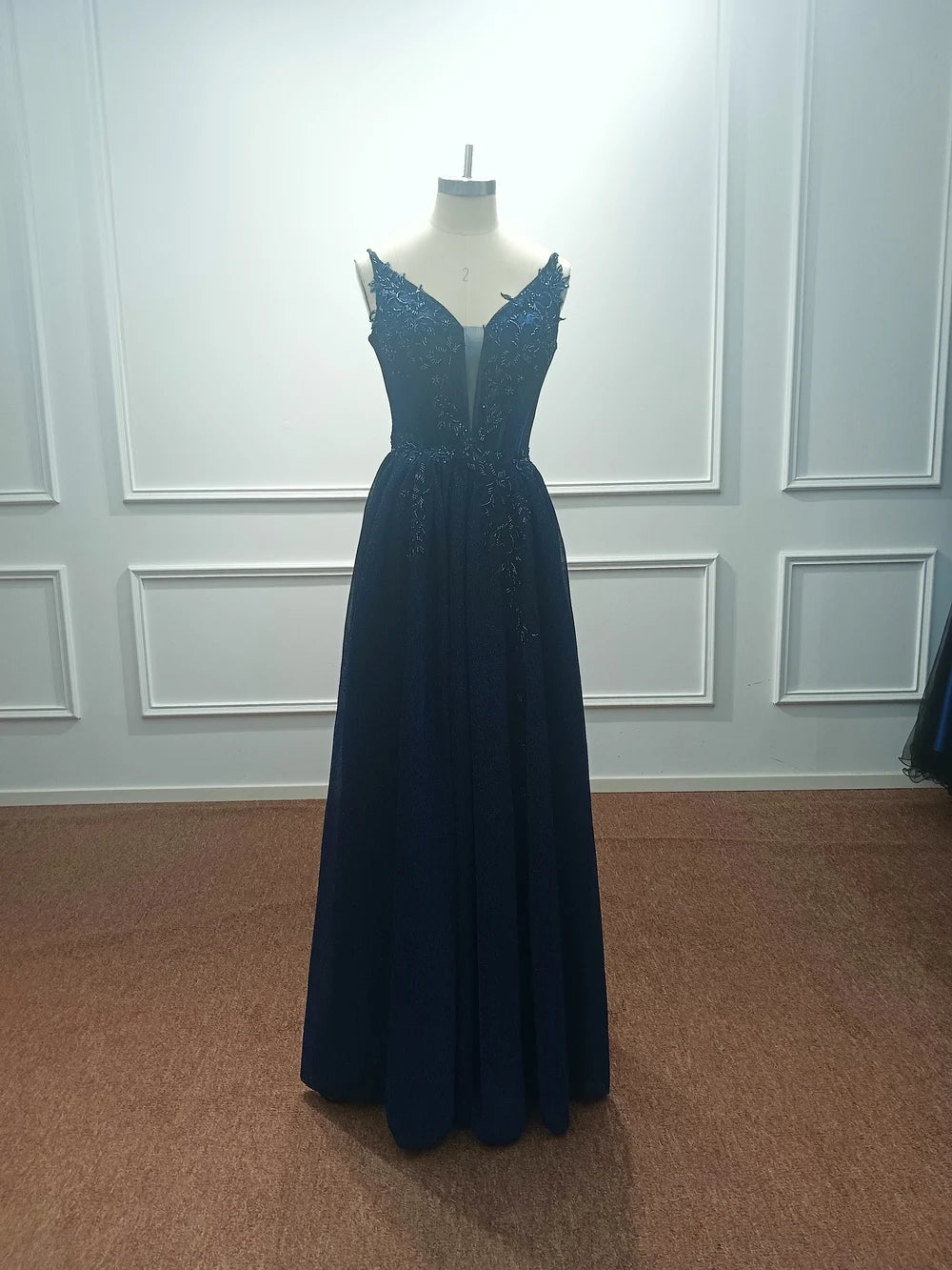 Elegant Appliques Beadings Backless Shiny Navy Blue Evening Dresses For Women 2025 A Line Prom Gowns Formal Party Robe De Soiree