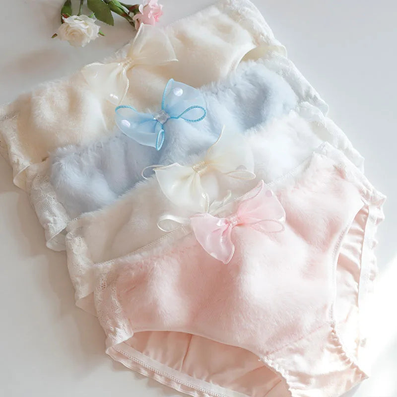 Women Cute Lovely Sweety Princess Style Bow Cotton Panties Flesh Soft Keep Warm Autumn Winter Underwear Candy Color Breifs
