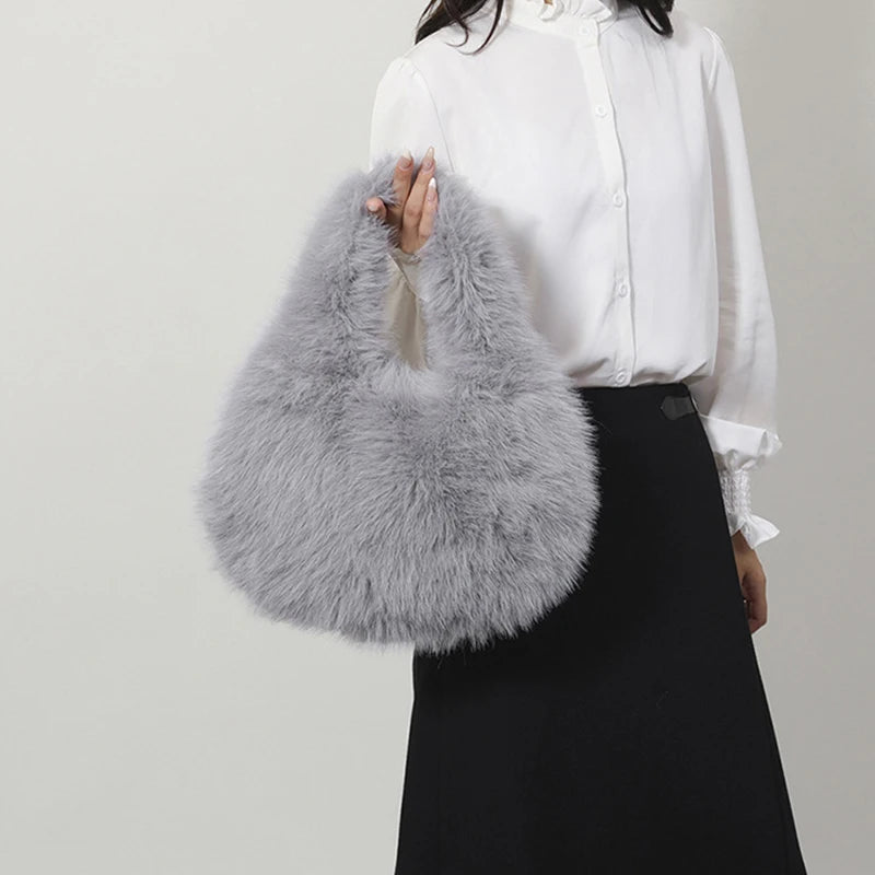Small Hobo Handle Bags for Women Shoulder Bags Designer Furry Purse and Handbags Fashionable Cute Female Plush Bag