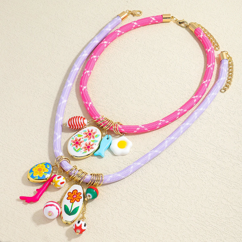ZAA 2 Pack Of Cord Necklaces With Charms Candy Color Rope Chain Ceramics Flower Jewelry Cute And Fun Summer Holiday Wearing Gift