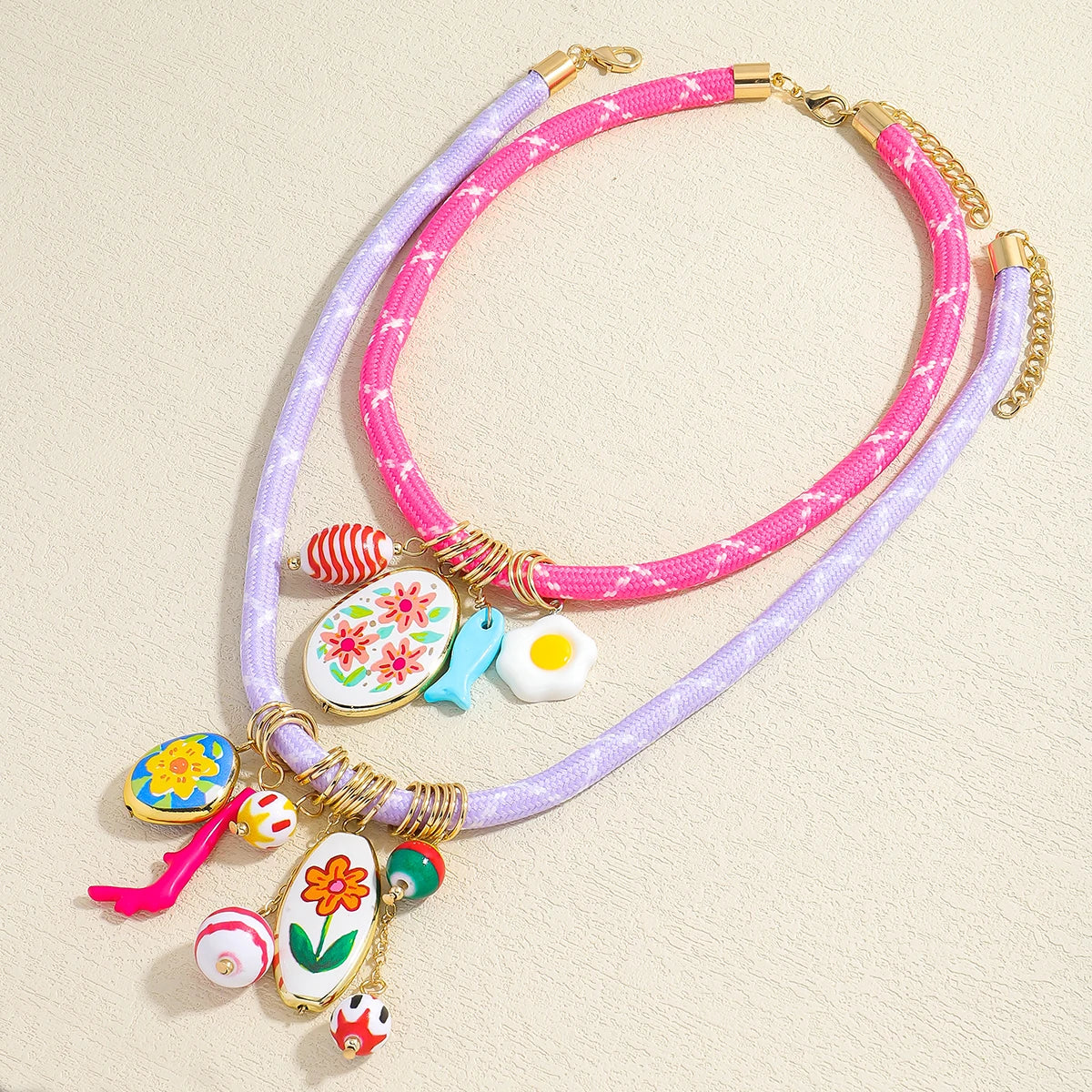 ZAA 2 Pack Of Cord Necklaces With Charms Candy Color Rope Chain Ceramics Flower Jewelry Cute And Fun Summer Holiday Wearing Gift