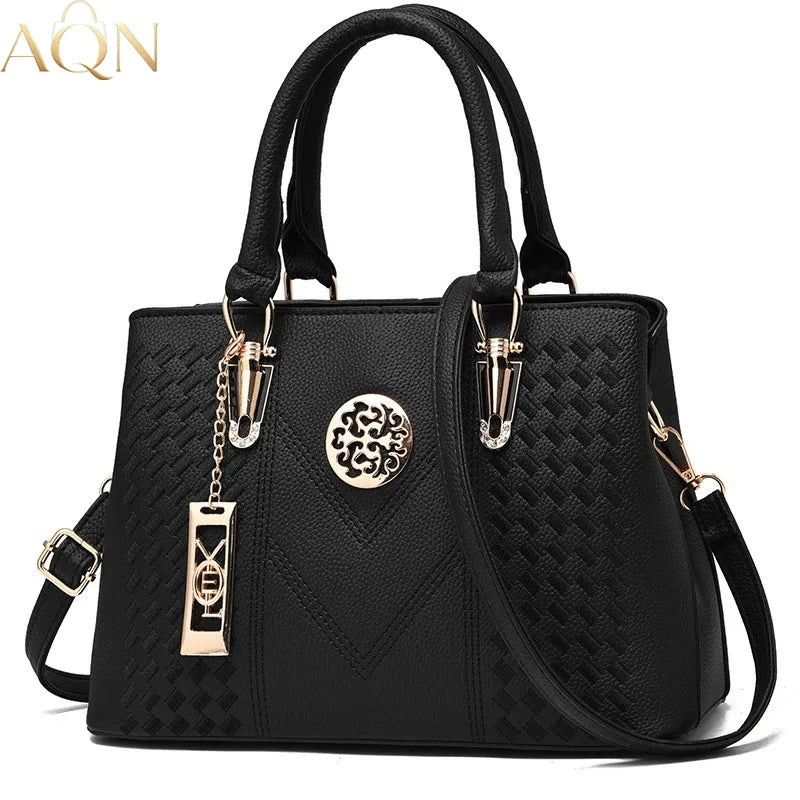 AQN Fashion Women's Top-Handle Bags Metal Hollow Carving Decor Handbag Elegant Ladies Large Capacity Leather Shoulder Bags