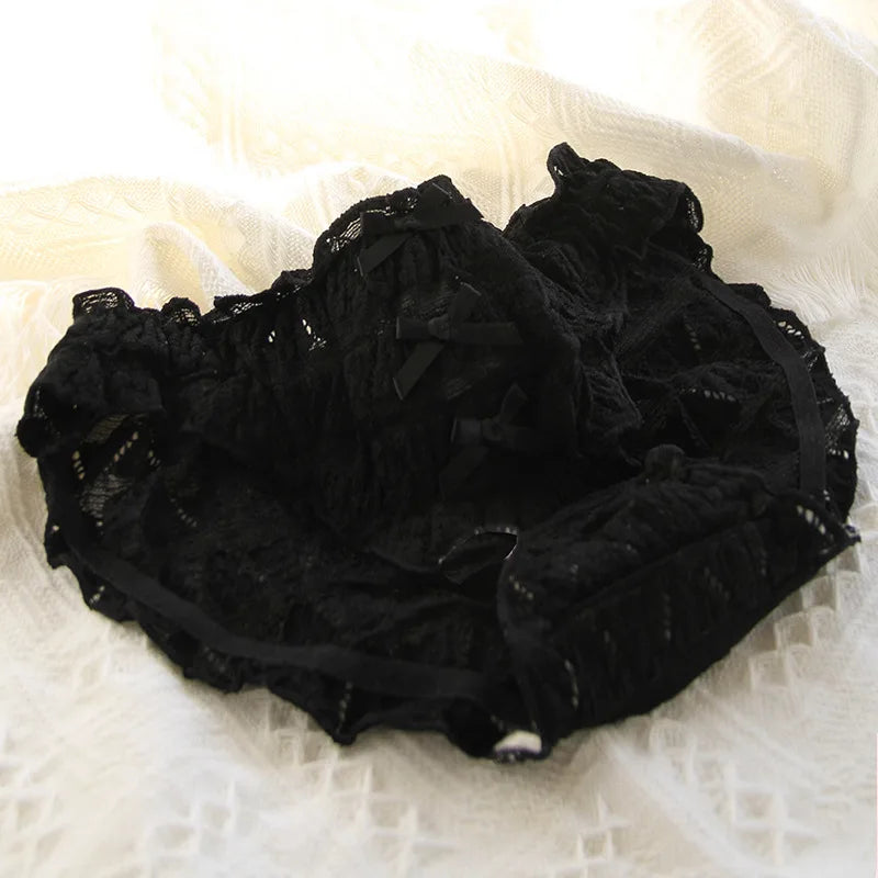Lolita Bow Lace Transparent Underpants For Women Mid Waist Black Mesh Ruffle Cotton Crotch Thin Panties Sweet Girl Cute Briefs