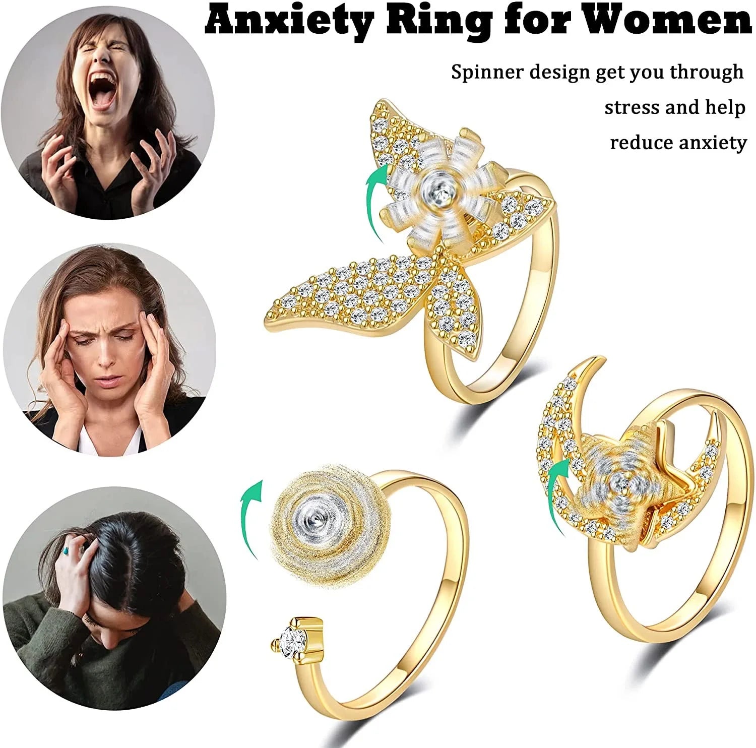 SMJEL Flower Shiny Rhinestone Rotatable Fidget Spinner Ring for Women Anti Anxiety Butterfly Animal Design Anti Stress Accessory