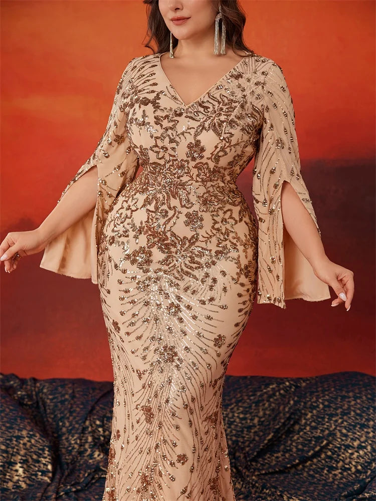 Plus Size Luxury Gold Evening Dresses Women 2024 Long Sleeve Mermaid Formal Sequins Prom Wedding Party Cocktail Gowns