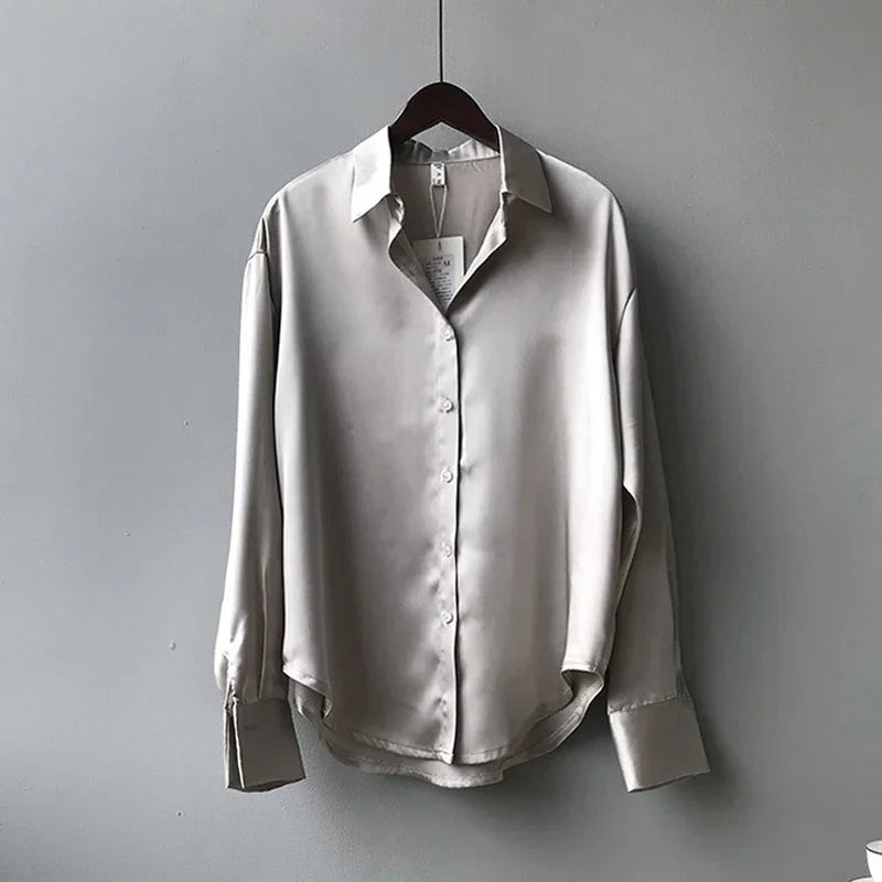 2026 Elegant Satin Loose Women Shirt Spring Turn-down Collar Ladies Blouse Autumn Vintage Casual Button Silk Tops