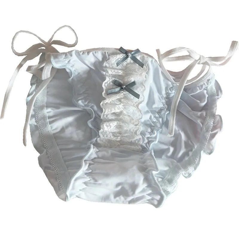 Double Bow Lace Ruffle Cute Underpants For Women Low Waist Lace Up Ice Silk Breathable Panties Lolita Soft Thin Seamless Briefs