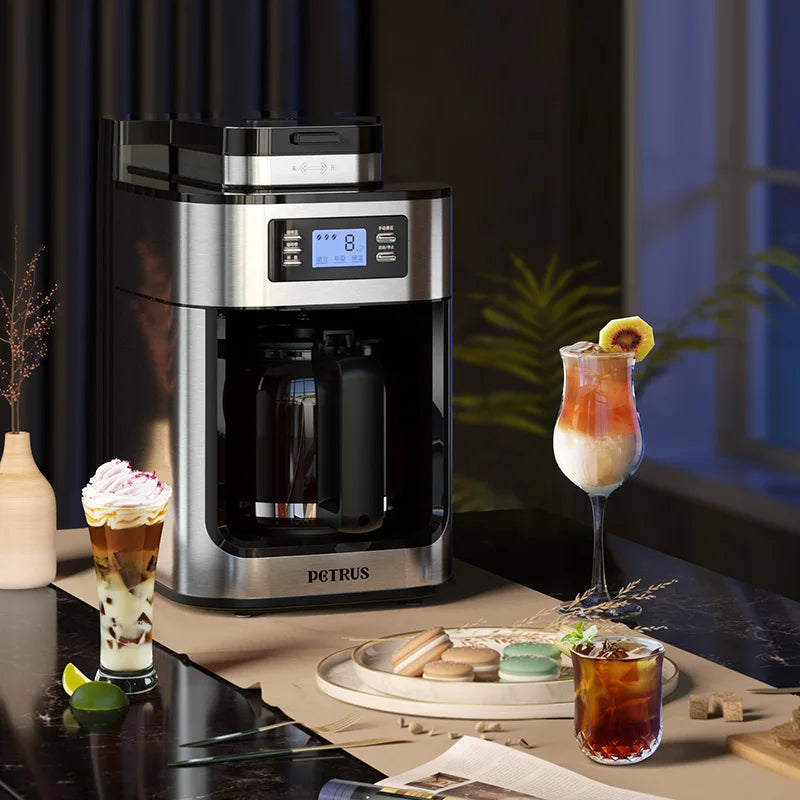 Petrus Automactic Coffee Machine Drip Coffee Maker Stainless Steel 10-cup With Built-In Grinder and Brew Strength Control 66
