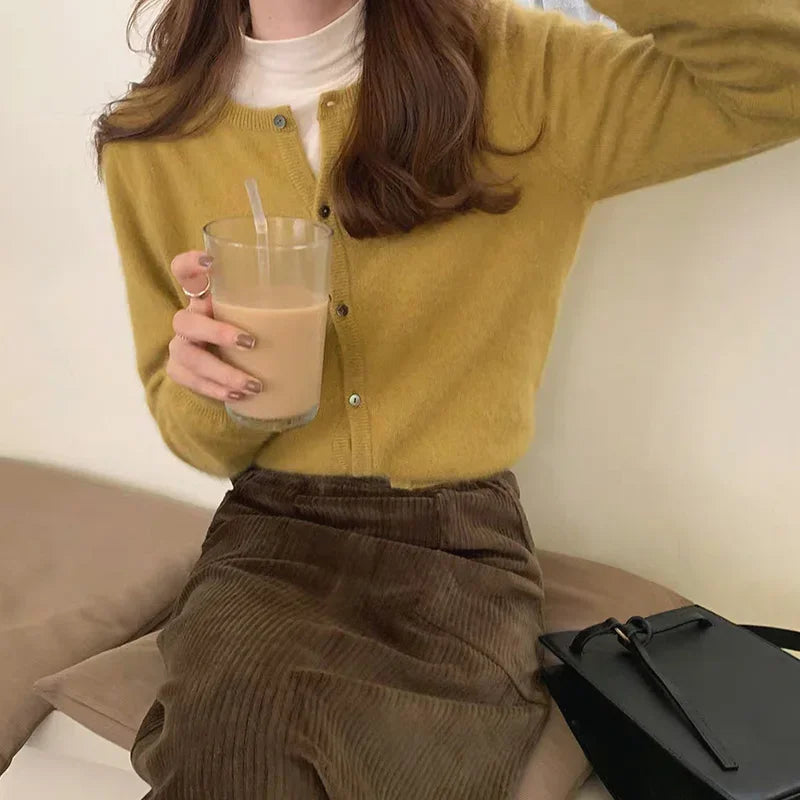 2026 Long Sleeve Vintage Y2k Tops Korean Knitted Cardigan Women's Autumn Winter Fashion O-Neck Versatile Slimming Basis Sweater