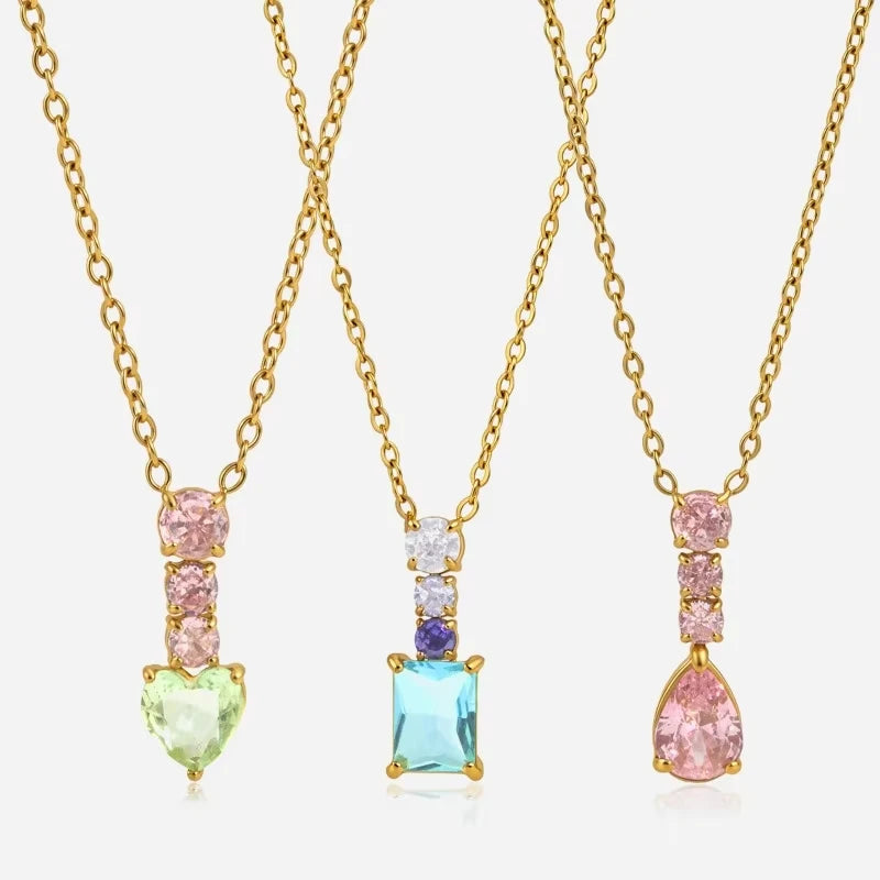 Fashion Exquisite Colorful Heart Zircon Geometric Pendant Necklace For Women 18K Gold Plated Stainless Steel Necklace Jewelry