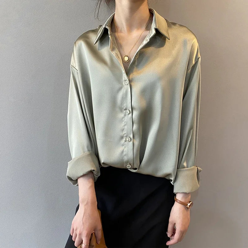 2026 Elegant Satin Loose Women Shirt Spring Turn-down Collar Ladies Blouse Autumn Vintage Casual Button Silk Tops