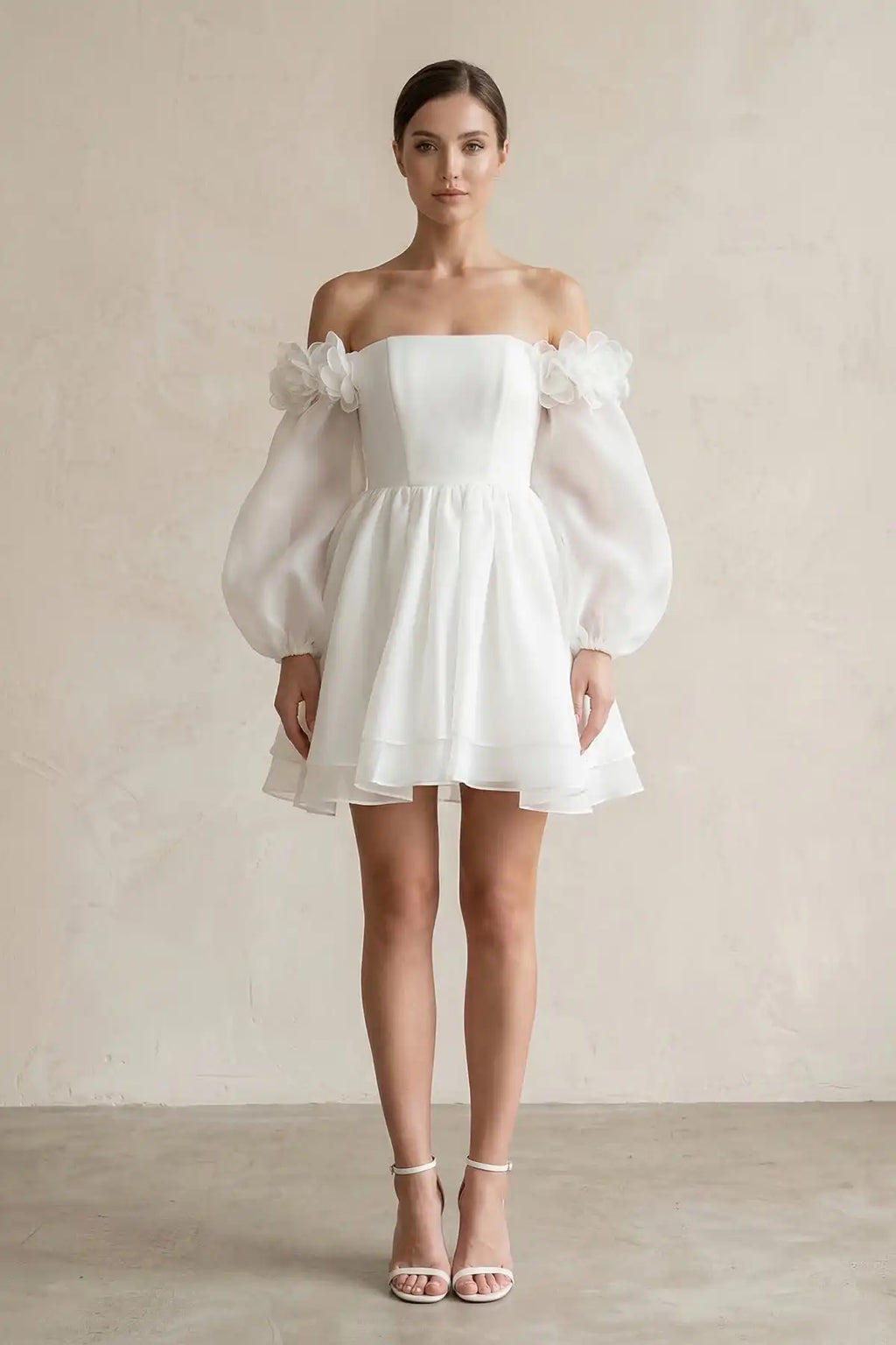 Women's Wedding Dresses White Ivory Bridal Gowns Short Off-the-Shoulder 3D-Flower Chiffon Long Sleeve Wedding Dress in Ivory