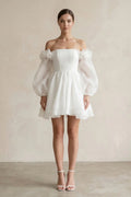 Women's Wedding Dresses White Ivory Bridal Gowns Short Off-the-Shoulder 3D-Flower Chiffon Long Sleeve Wedding Dress in Ivory