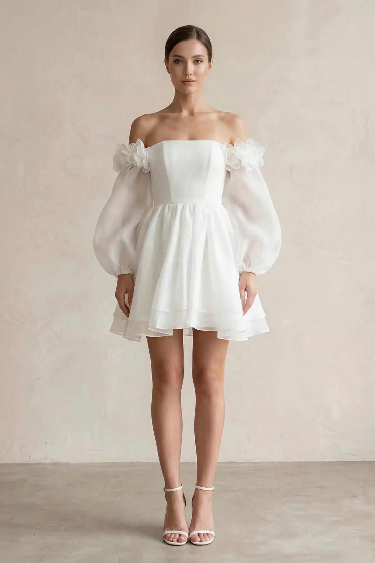 Women's Wedding Dresses White Ivory Bridal Gowns Short Off-the-Shoulder 3D-Flower Chiffon Long Sleeve Wedding Dress in Ivory