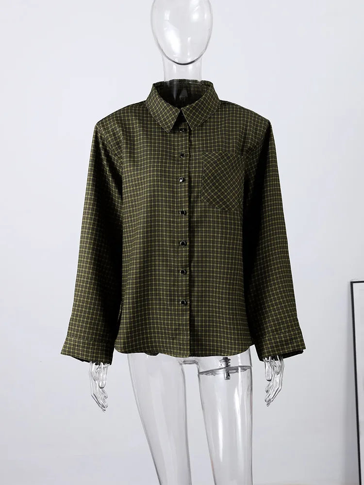 2026 Spring Plaid Women's Shirt Loose Long Sleeve Single Breasted Turn-down Collar Female Top Chic Streetwear Office Commute