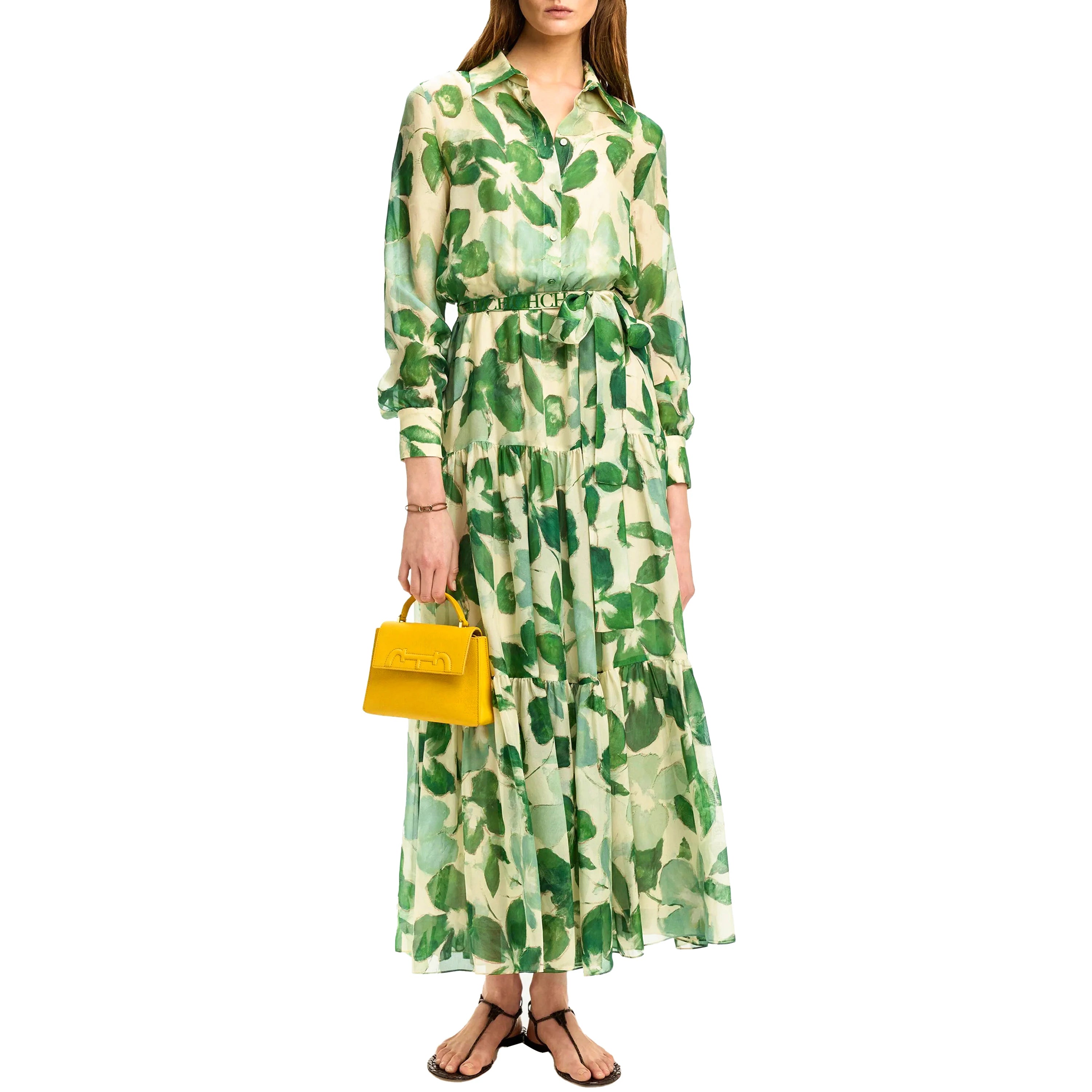 CHCH 2025 Dresses Women's New Belted Chiffon Print V-neck Chic Slim Long Dress Fashion Elegant Holiday Street Women's Dress